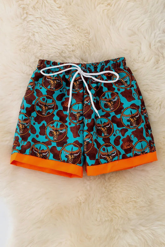 Teal & Orange Western Swim Trunks